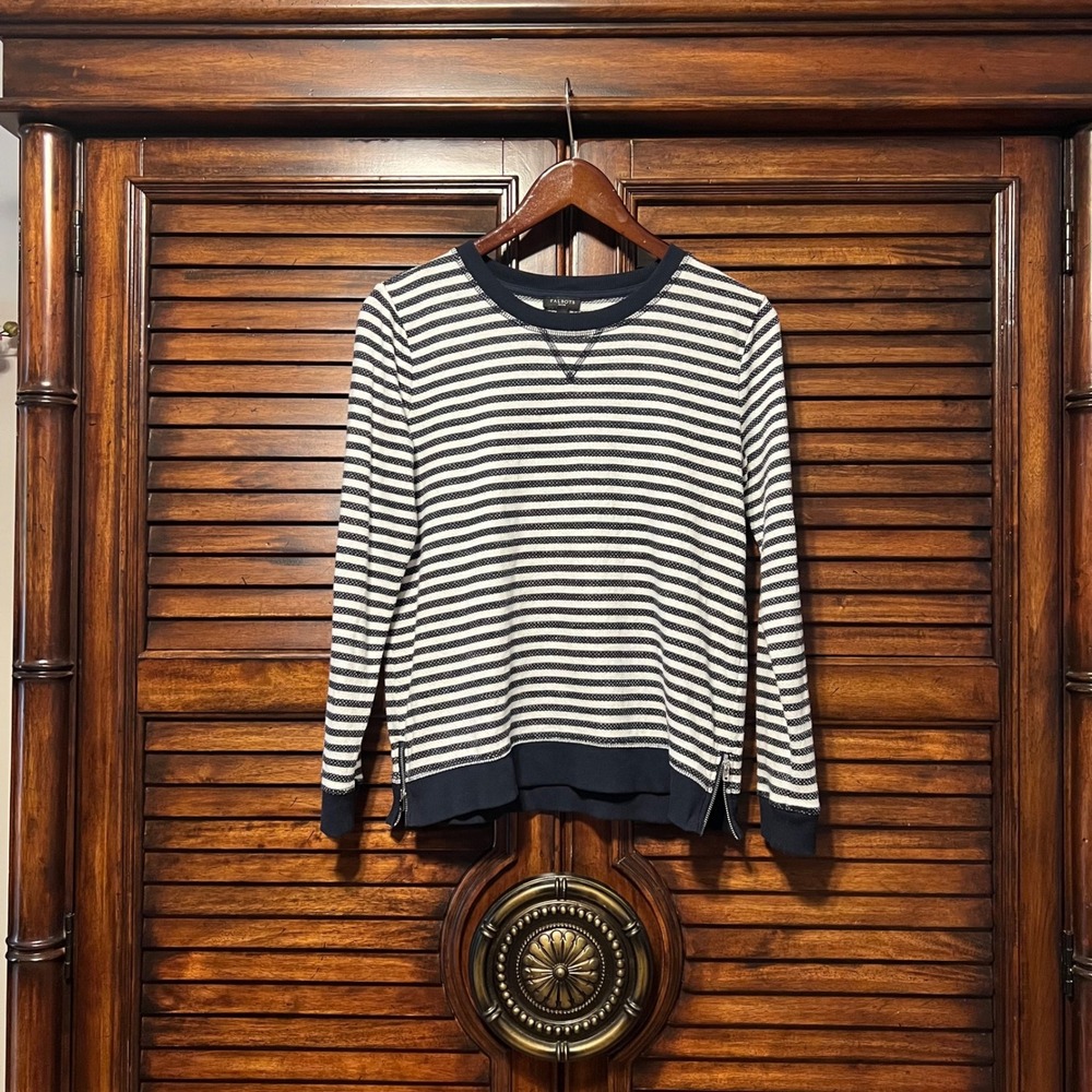 Talbots Petite Navy White Striped Sweater/Top Zip Sides Long Sleeve Size SP